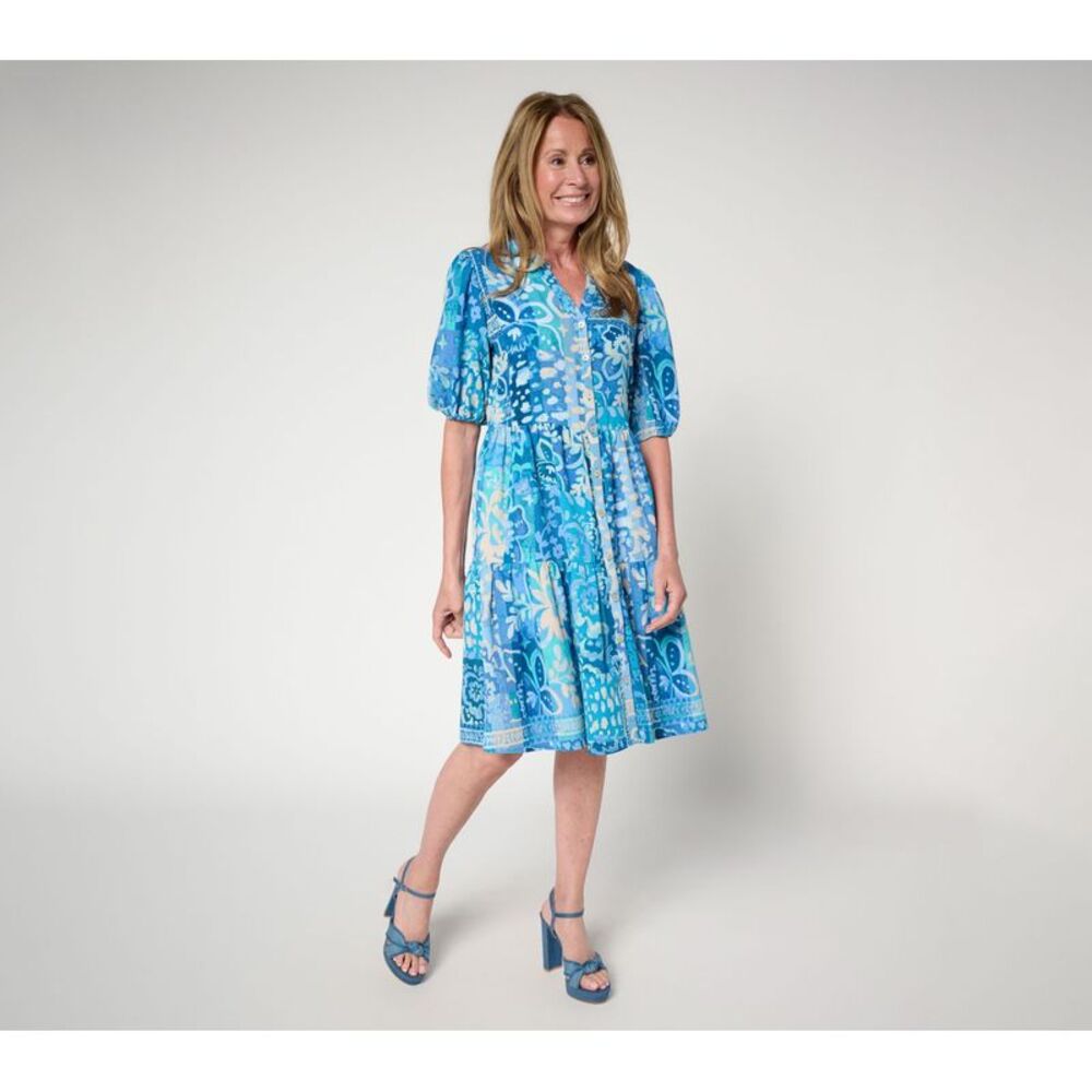 Susan Graver Women's Dress Sz S Printed St. Tropez Button Multi-colored A696241